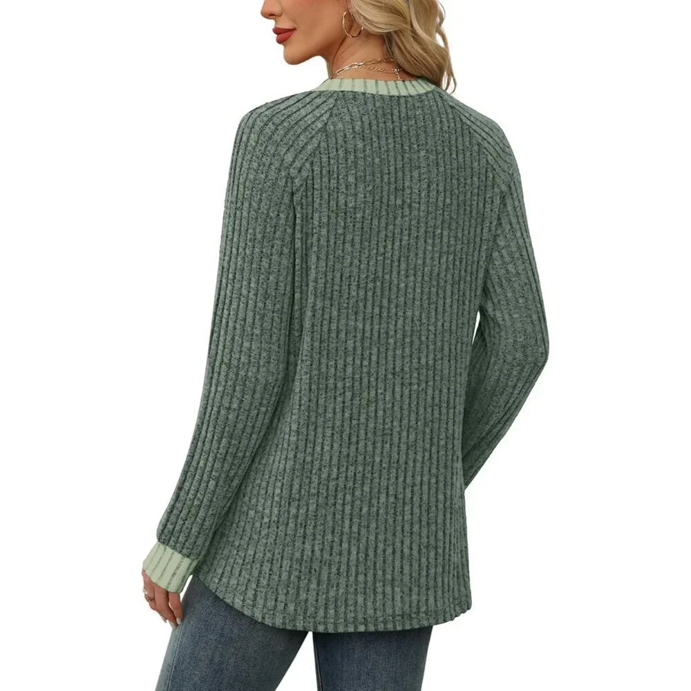 Women's Green Color Block Long Sleeve Shirt Lightweight Sweater Fall 2025 - Picture 5 of 5